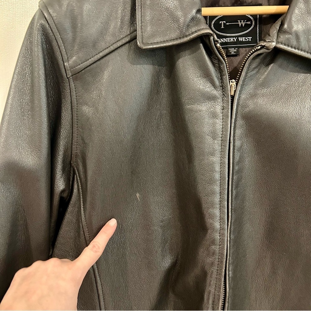 VTG 90s Tannery West Leather Black Brown Belt Collar Zip Jacket Coat Women XL - Picture 16 of 17